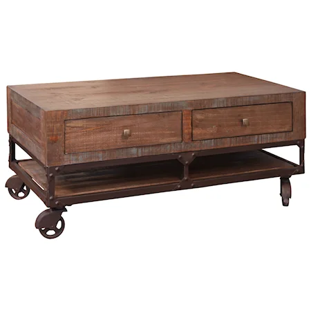 Rustic Cocktail Table with 4 Drawers and Wheels